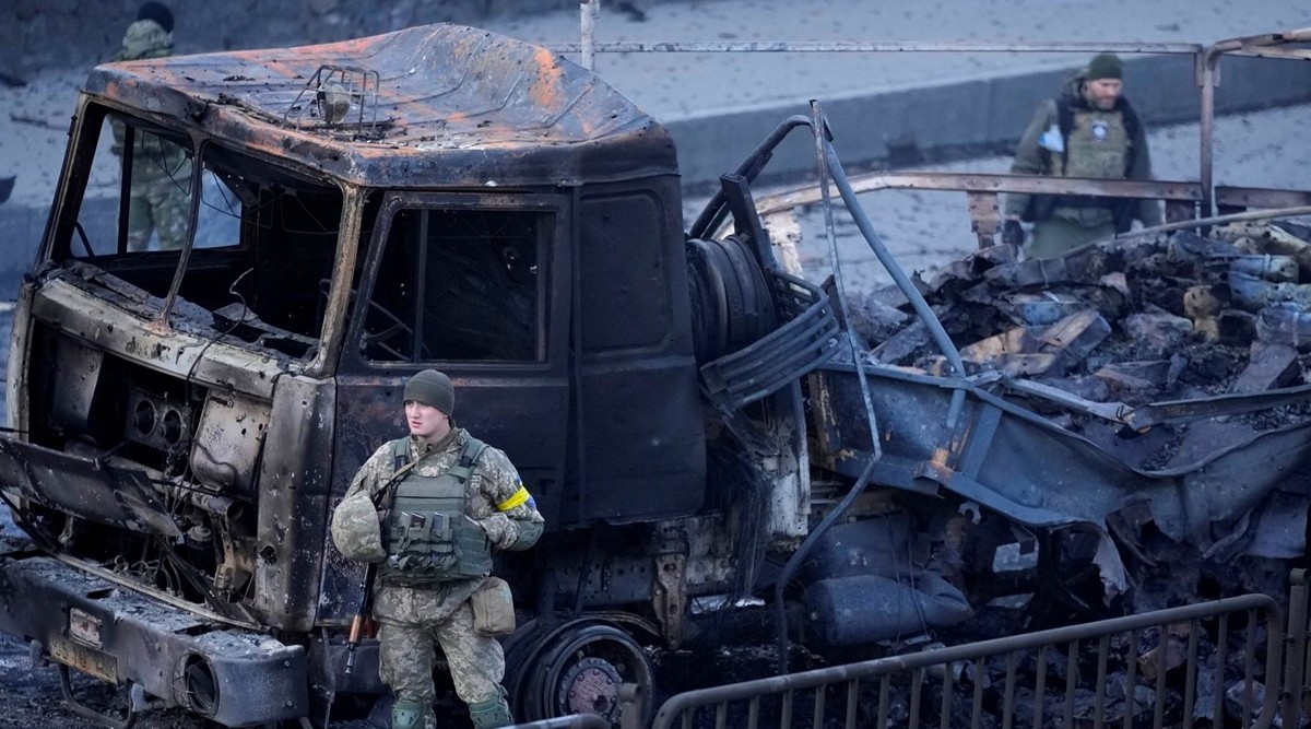 Ukrainian troops inspect the site following a Russian airstrike in Kyiv, Ukraine, Saturday (AP/PTI)