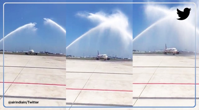 Air India flight, Air India welcome at Maldives, water cannon, Maldives, India, Indian Express