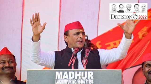 Samajwadi Party President Akhilesh Yadav addresses a public meeting, a day before the third phase of the Uttar Pradesh Assembly elections, at the GIC ground in Lakhimpur, Saturday, Feb. 19, 2022. (PTI)