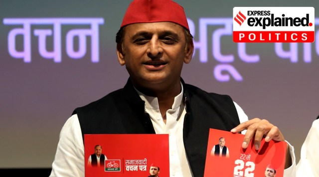 Samajwadi Party President Akhilesh Yadav releases party manifesto ahead of state assembly elections, in Lucknow, Tuesday, Feb. 8, 2022. (Express Photo by Vishal Srivastav)