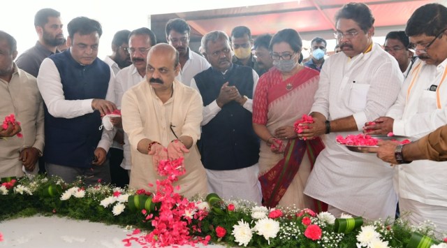 Karnataka CM Basavaraj Bommai lays the foundation of the Ambarish memorial at the Kanteerava Studio in Bengaluru. (Express Photo)