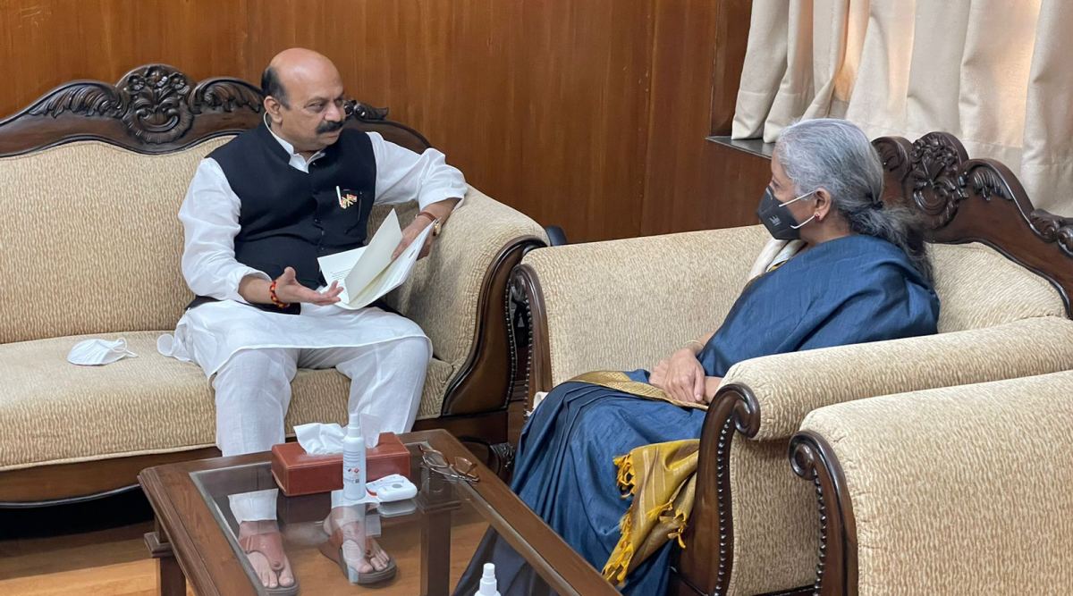 Chief Minister of Karnataka Basavaraj Bommai with Union Finance Minister Nirmala Sitharaman. (Twitter/@BSBommai)