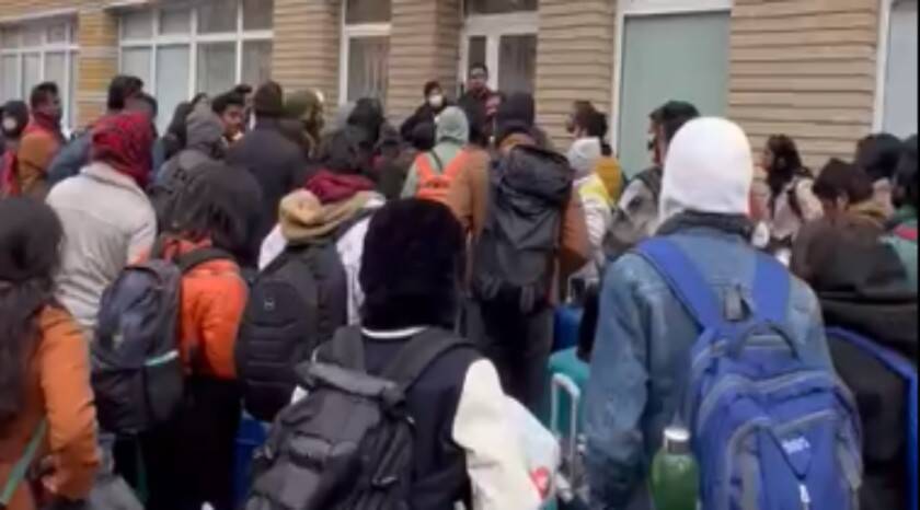 Indian students standing outside Ukrainian embassy in Kyiv. (File)
