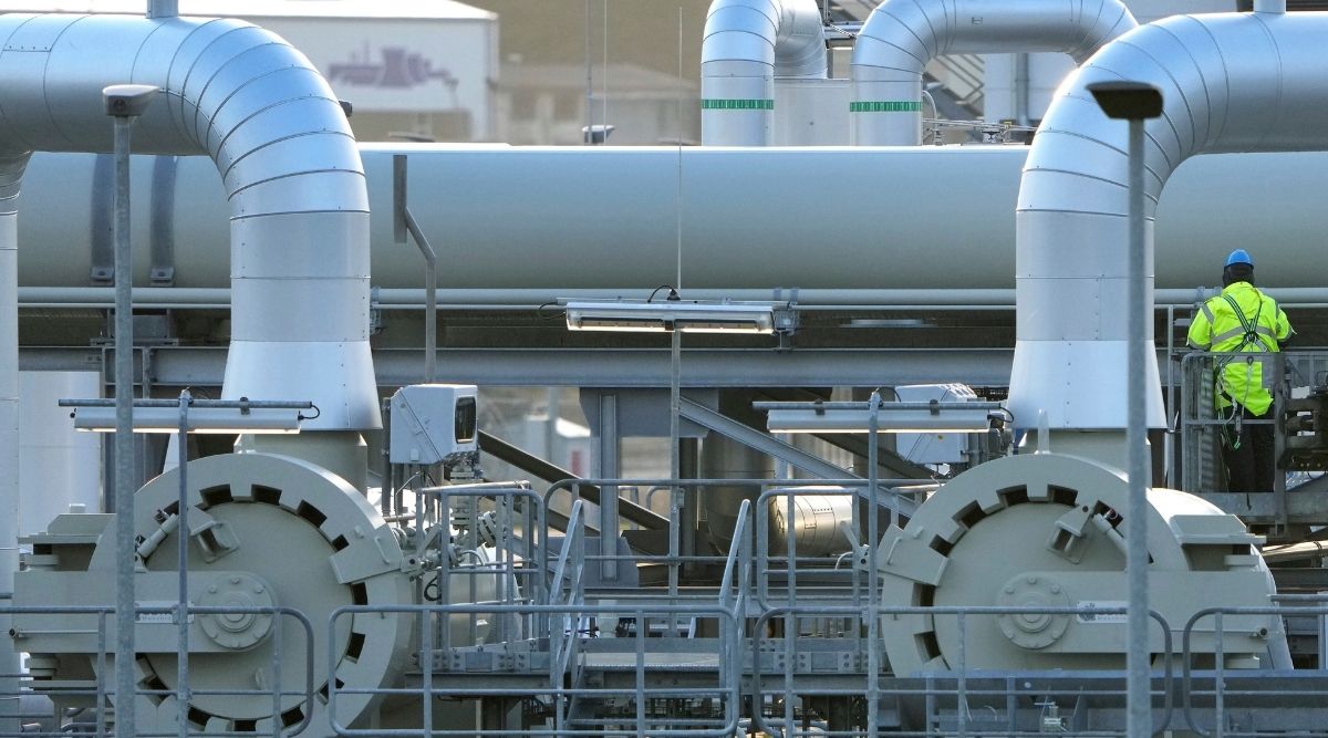 Pipes at the landfall facilities of the 'Nord Stream 2' gas pipline are pictured in Lubmin, northern Germany, on Feb. 15, 2022. (AP Photo/Michael Sohn, File)
