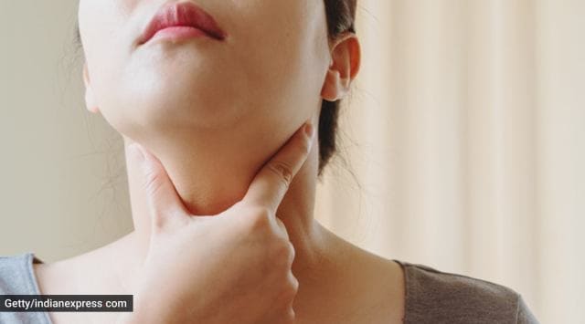 Women with thyroid gland test . Endocrinology, hormones and treatment. Inflammation of the sore throat