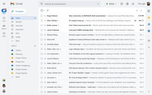 gmail, nueva apariencia de gmail, interfaz de gmail, espacio de trabajo de google,
