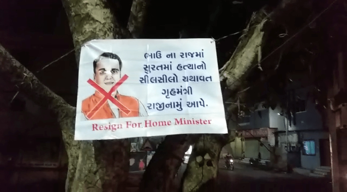 Gujarat, Gujarat latest news, State Home Hinister Harsh Sanghavi, Harsh Sanghavi latest news, Harsh Sanghavi posters, C K Patel, indian express