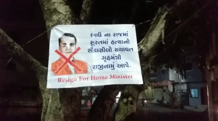 Gujarat, Gujarat latest news, State Home Hinister Harsh Sanghavi, Harsh Sanghavi latest news, Harsh Sanghavi posters, C K Patel, indian express