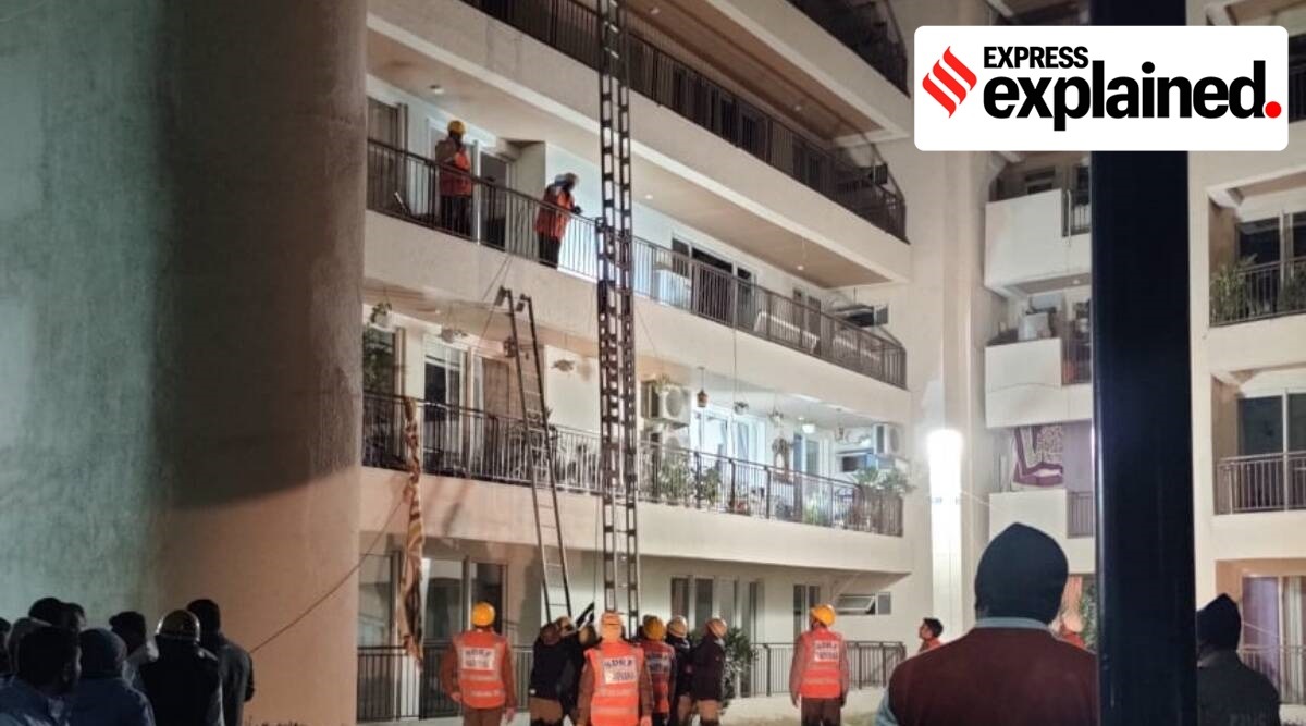 A portion of a flat on the 6th floor collapsed at Chintels Paradiso housing complex in Gurgaon's Sector 109. (Express photo)