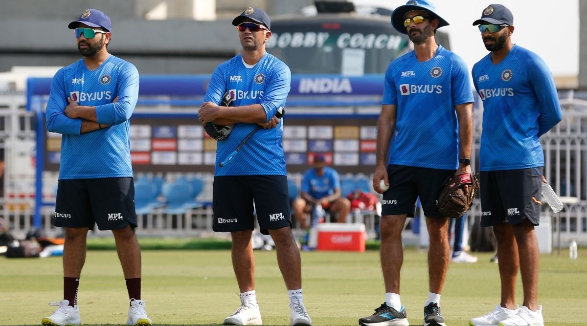 (From left) Indian skipper Rohit Sharma, coach Rahul Dravid, batting coach Vikram Rathour, and vice-captain Jasprit Bumrah. (FILE)