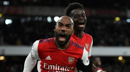 Arsenal's Alexandre Lacazette celebrates scoring their second goal with Bukayo Saka (Source: Reuters)