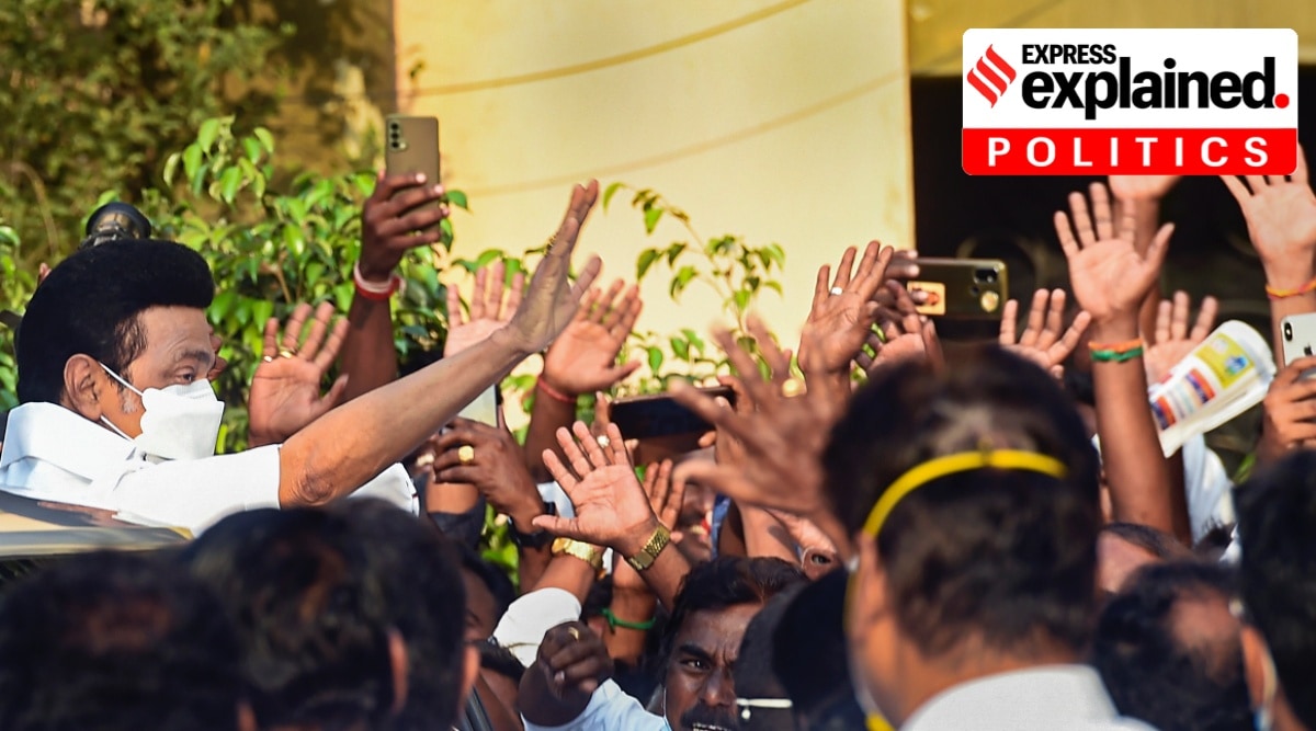 Chennai: Tamil Nadu Chief Minister and DMK party president MK Stalin waves at party workers as he arrives to address media, as party heads to a landslide victory in the local body elections, at Anna Arivalayam, in Chennai, Tuesday, Feb. 22, 2022. (PTI Photo/R Senthil Kumar)