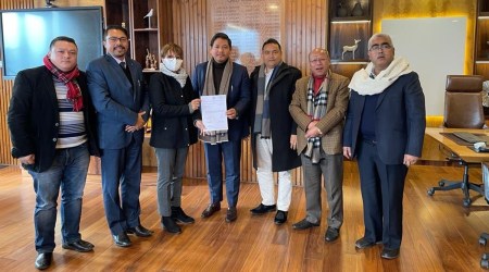 On Tuesday, the five MLAs -- M Ampareen Lyngdoh, PT Sawkmie, Mayralborn Syiem, Kimfa Marbaniang and Mohendro Rapsang -- met with the chief minister, handing over a letter stating their support to the Meghalaya Democratic Alliance. (Photo: Twitter/@SangmaConrad)