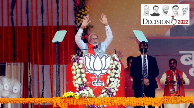 PM Narendra Modi at a BJP workers’ meet in Varanasi on Sunday. (Anand Singh)