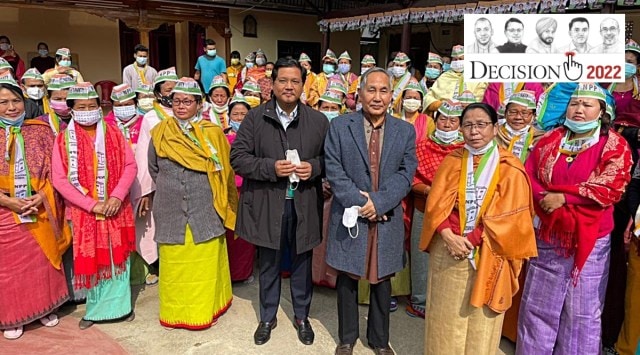 NPP Chief Conrad Sangma (centre-left) and Manipur Deputy CM Y Joykumar (centre-right) on the campaign trial in Manipur. (Twitter/Conrad Sangma) 