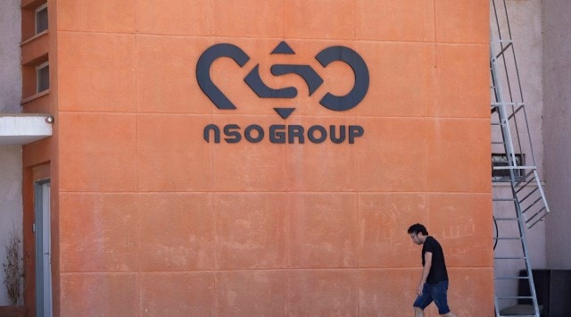 A logo is seen on a wall on a branch of the Israeli tech company NSO Group near the southern Israeli town of Sapir. (AP)