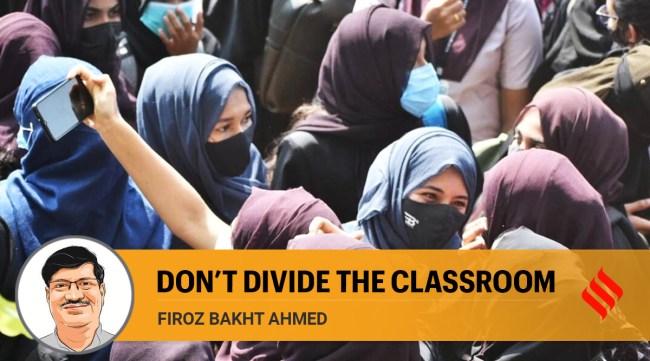 Students outside MGM College, Udupi. (Express Photo: Jithendra M)
