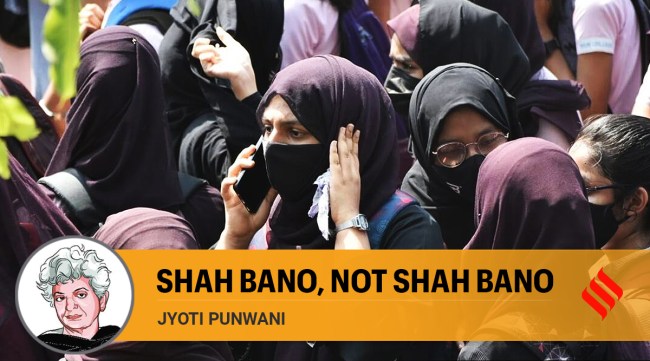 Students protest outside a college in Udupi, Karnataka. (Express Photo: Jithendra M)