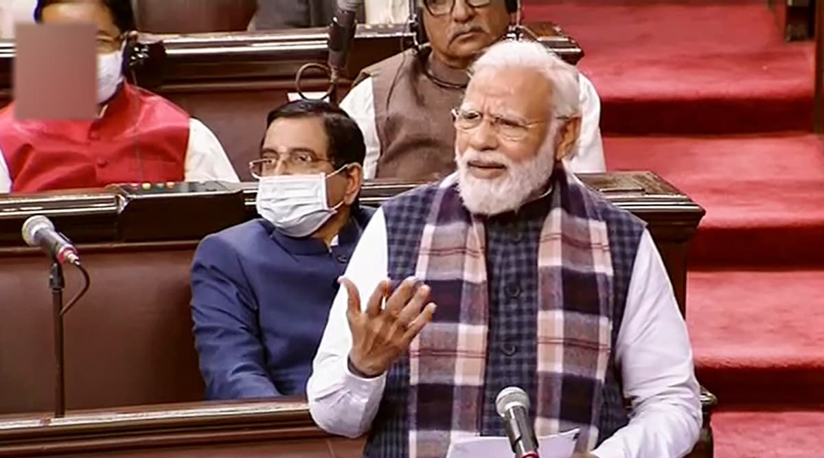 Prime Minister Narendra Modi speaks in the Rajya Sabha, during the ongoing Budget Session of Parliament, in New Delhi, Tuesday, Feb. 8, 2022. (RSTV/PTI Photo)