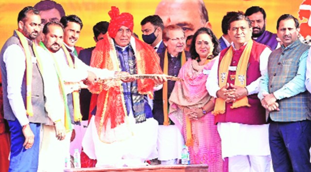 Rajnath Singh during a rally in Lalru on Tuesday. (Express Photo)