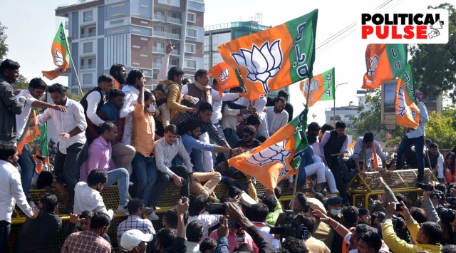 Rajasthan BJP President Satish Poonia with party activists during a protest against the state government over REET exam paper leak in Jaipur. (Express photo by Rohit Jain Paras)