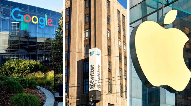 A three-picture combo, from left, the Google headquarters in Mountain View, Calif., Oct. 20, 2020; the Twitter headquarters in San Francisco, Oct. 21, 2020; and an Apple store in New York, Aug. 11, 2020. As Russia attacks Ukraine, the authorities in Moscow are intensifying a censorship campaign at home by squeezing some of the world’s biggest tech companies. (Left and center, Laura Morton/The New York Times; right, Gabby Jones/The New York Times)