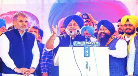 Sukhbir Singh Badal during an election rally with party candidate from Mohali Parvinder Singh Sohana on Tuesday. (Jasbir Malhi)