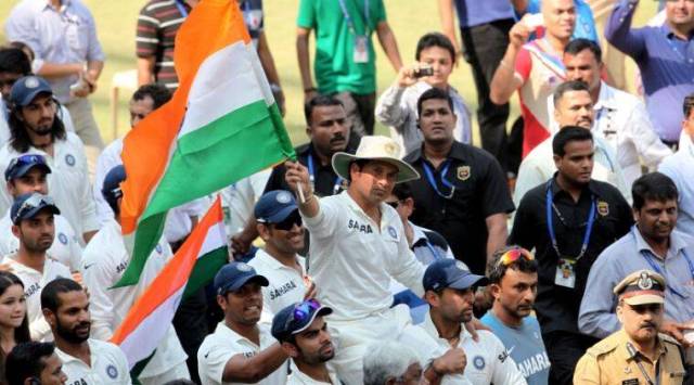 Sachin Tendulkar after his final match at the Wankhede Stadium. (Express Photo by Ravi Kanojia)