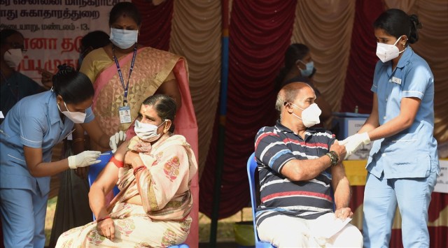 Health workers administer Covid-19 vaccine dose to elders at the IIT-Madras campus, in Chennai. (PTI)