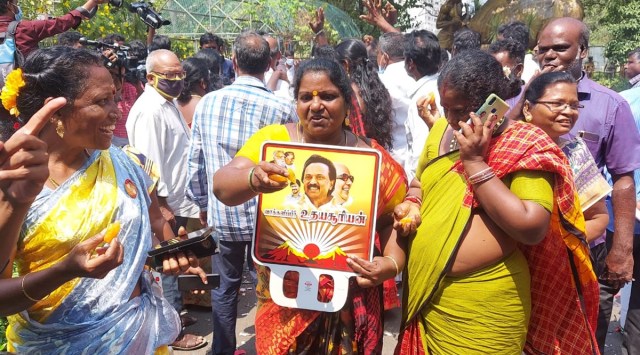 DMK workers celebrating party's victory in the urban local body polls in Tamil Nadu | Express photo