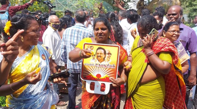 Celebrations at DMK headquarters in Chennai as party leads in polls. (Express Photo)