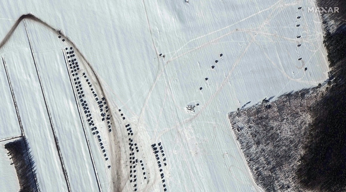 A satellite image provided by Maxar Technologies shows battle groups and artillery deployments in Rechitsa, Belarus February 4, 2022. (Maxar Technologies via The New York Times)