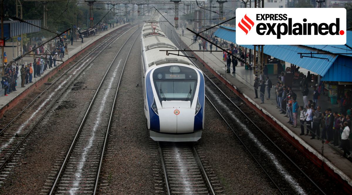 A Vande Bharat Express train passes through Sahibabad Railway Station. (Express Photo: Praveen Khanna, File)