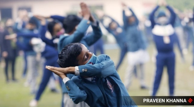 Outdoor activities like sports and yoga in school can help with the development of child, experts said. (Express Photo by Praveen Khanna)