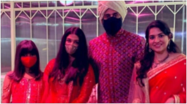 Aishwarya Rai, Abhishek Bachchan pose with daughter Aaradhya at Anmol Ambani's wedding. (Photo: Shaina MC/Instagram)