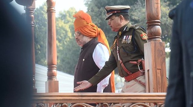 Union Home Minster Amit Shah with Delhi Police Commissioner Rakesh Asthana at the 75th Raising Day Parade of the Delhi Police, at the New Police Lines, in New Delhi, Wednesday (PTI Photo)