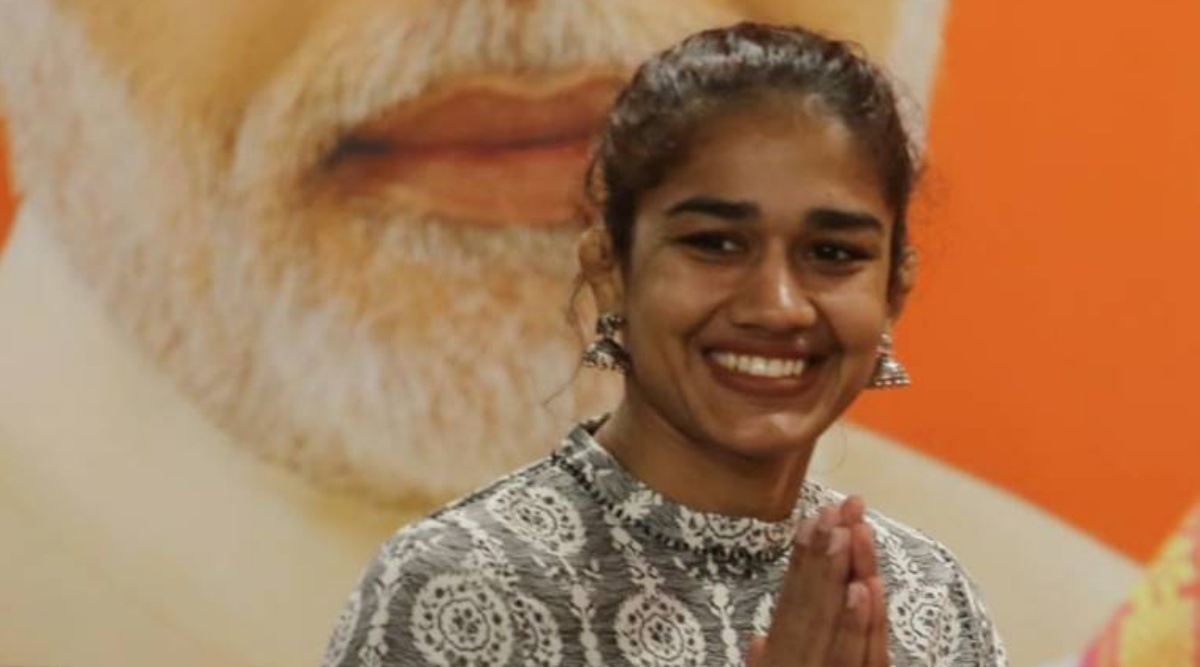 Wrestler Babita Phogat at BJP head office in Delhi. (Express photo: Prem Nath Pandey)