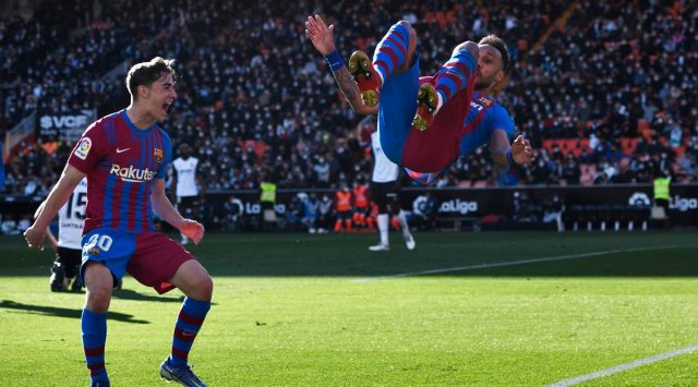 Barcelona's Pierre-Emerick Aubameyang celebrates scoring their first goal with Gavi (Source: Reuters)
