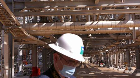 A Saudi Aramco employee at the Khurais Processing Department in the Khurais oil field in Khurais, Saudi Arabia, on Monday, June 28, 2021. (Bloomberg)