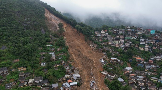 An aerial view shows neighborhood affected by landslides in Petropolis, Brazil. (AP)