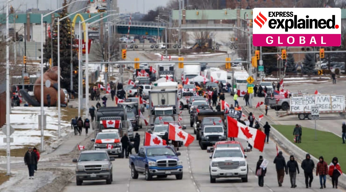 Protestors and supporters set up at a blockade at the foot of the Ambassador Bridge, sealing off the flow of commercial traffic over the bridge into Canada from Detroit, on February 10, 2022 in Windsor, Canada. (File)