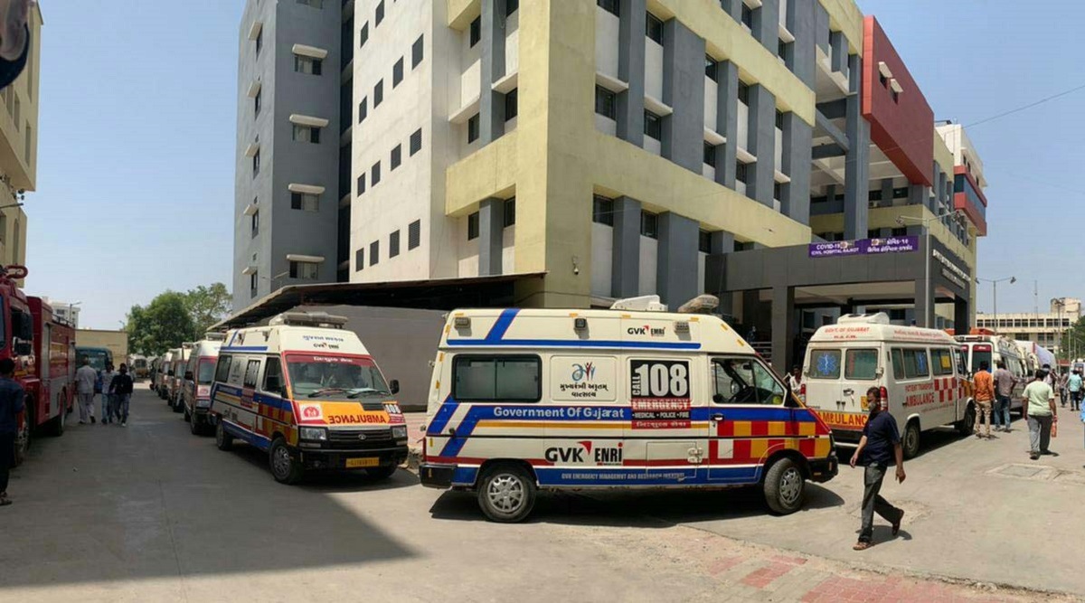 File photo of ambulances at the Covid-19 hospital on the Rajkot civil hospital campus. (Express Photo by Chirag Chotliya)