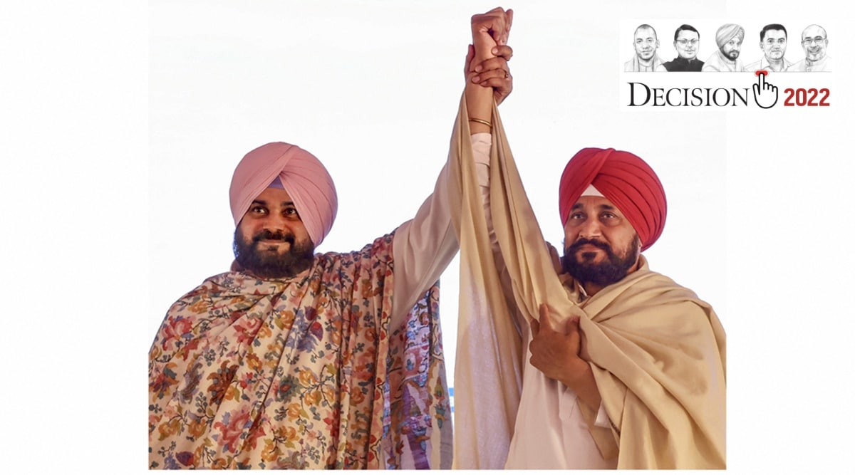 Punjab Congress leaders Charanjit Singh Channi and Navjot Singh Sidhu at an election rally, in Ludhiana, Sunday. (PTI)