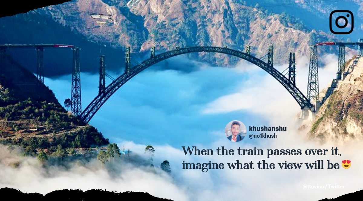chenab bridge, arch chenab bridge, kashmir arch bridge, world highest railway bridge, viral photos, indian express