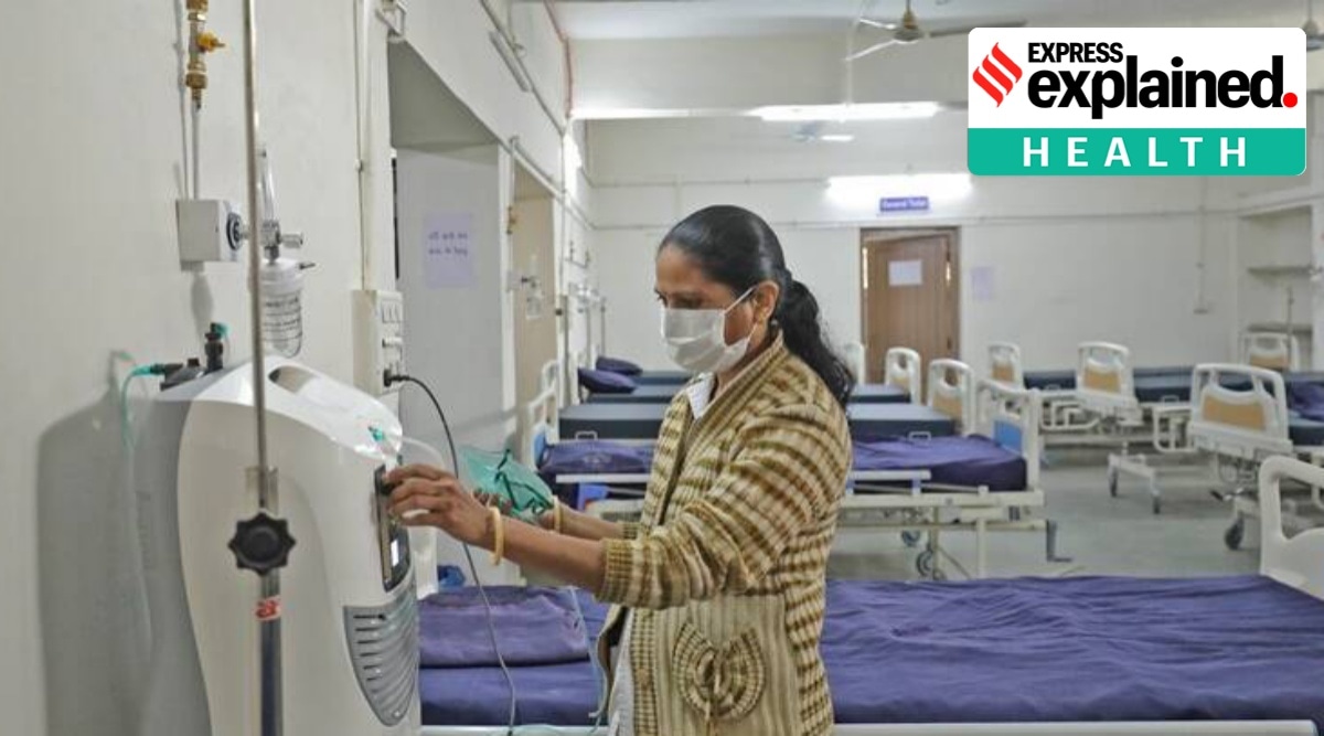 Covid care ward getting ready at Civil hospital in Sanand, Gujarat. (Express Photo by Nirmal Harindran)