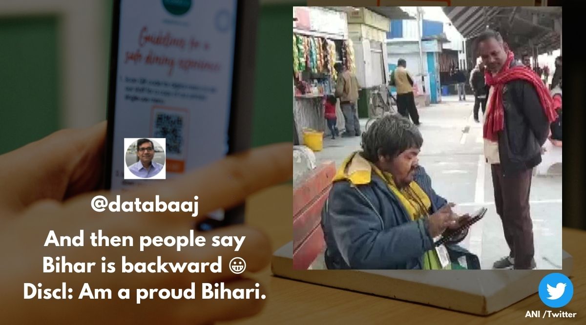 Bihar beggar uses digal technology to ask for alms, Bihar beggar uses QR code, Beggar uses PhonePay and QR code, Digital beggar, Digital Indian, Indian Express