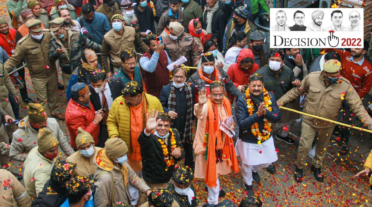 UP Dy CM and BJP leader Dinesh Sharma campaigns for the BJP candidates ahead of the Assembly polls, at Buddh Bazar, in Moradabad, Saturday, Jan. 29, 2022. (PTI Photo)