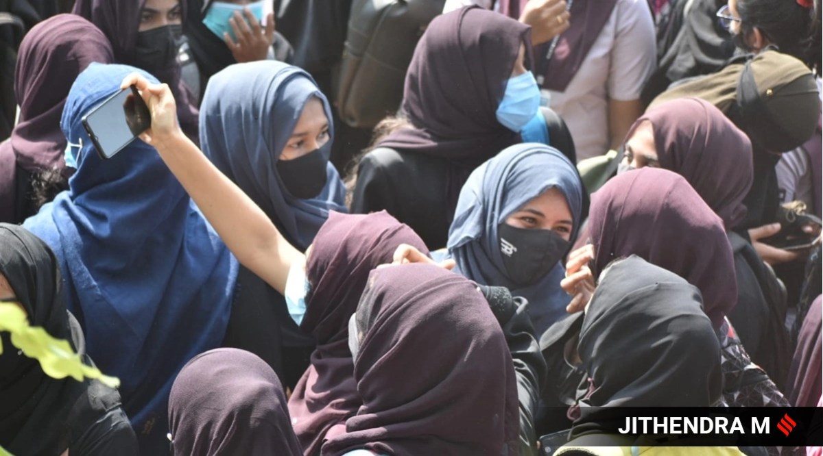 Students wearing hijab seen protesting at MGM College in Udupi February 8, 2022. (Express photo by Jithendra M)