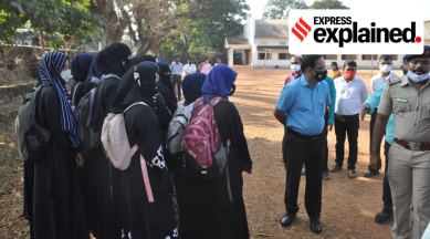 Students wearing hijab at the campus of Government PU College, Kundapura, Karnataka Monday.