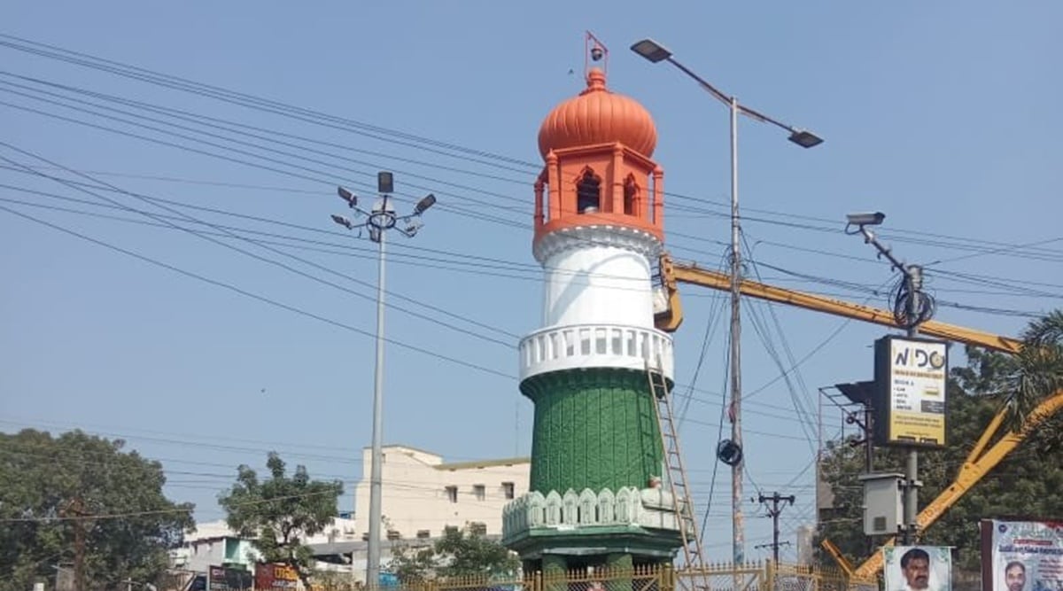 Jinnah Tower in Guntur, Andhra Pradesh painted in tricolour. (Photo: ANI)